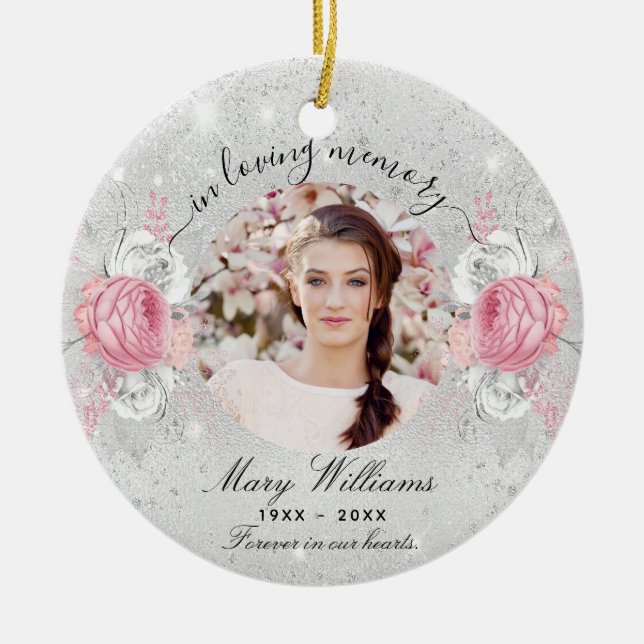 Silver glitter pink florals photo memorial ceramic tree decoration (Front)