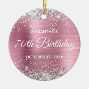 Silver Glitter Pink Foil 70th Birthday Ceramic Tree Decoration