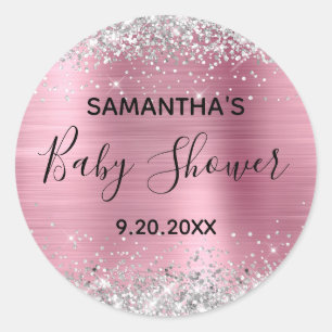 Silver Glitter Pink Foil Baby Shower Classic Round Sticker
