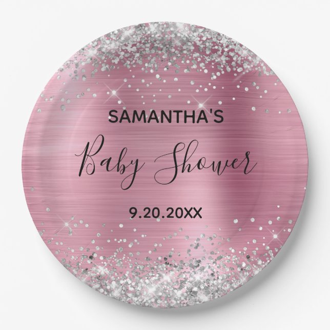 Silver Glitter Pink Foil Baby Shower Paper Plate (Front)