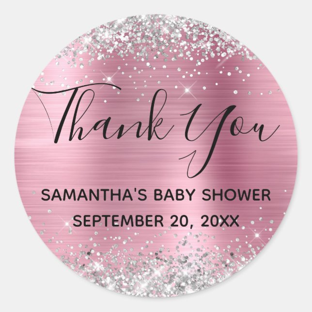Silver Glitter Pink Foil Baby Shower Thank You Classic Round Sticker (Front)