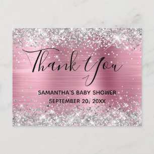 Silver Glitter Pink Foil Baby Shower Thank You Postcard