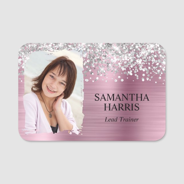 Silver Glitter Pink Foil Brushstroke Photo Name Tag (Front)