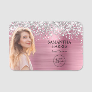 Silver Glitter Pink Foil Cutout Photo and Logo Name Tag