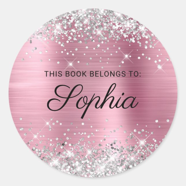 Silver Glitter Pink Foil Elegant Calligraphy Book Classic Round Sticker (Front)