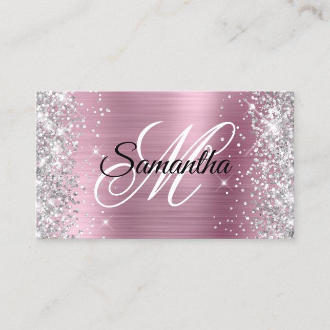 Silver Glitter Pink Foil Fancy Monogram Business Card (Front)