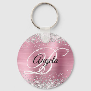 Silver Glitter Pink Foil Fancy Monogram Key Ring