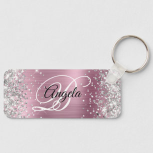 Silver Glitter Pink Foil Fancy Monogram Key Ring