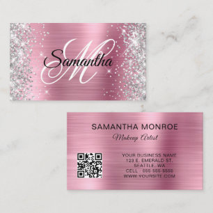 Silver Glitter Pink Foil Monogram QR Code Business Card