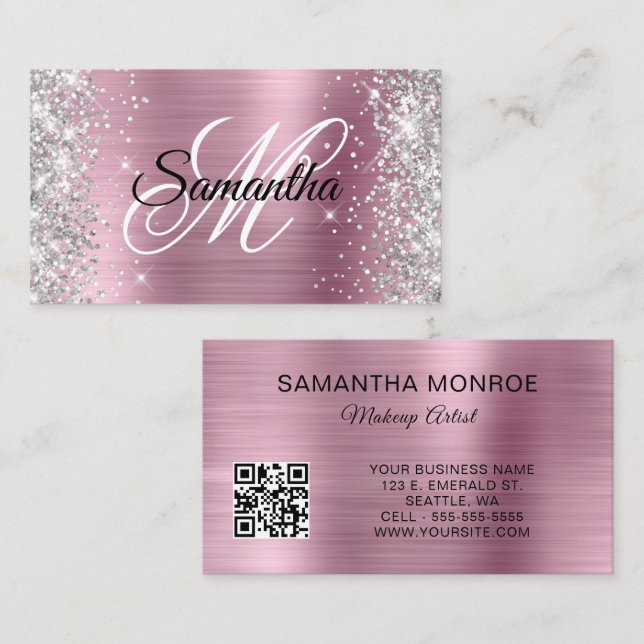 Silver Glitter Pink Foil Monogram QR Code Business Card (Front/Back)