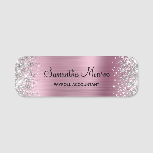 Silver Glitter Pink Foil Name Title Tag (Front)