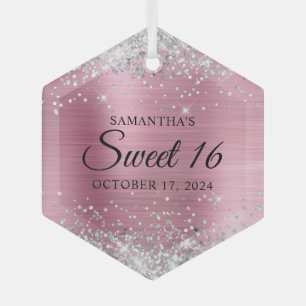 Silver Glitter Pink Foil Sweet 16 Glass Tree Decoration