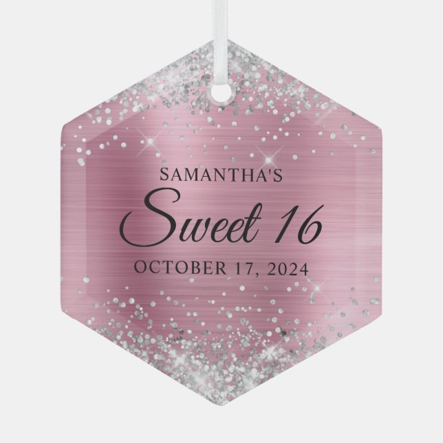 Silver Glitter Pink Foil Sweet 16 Glass Tree Decoration (Front)
