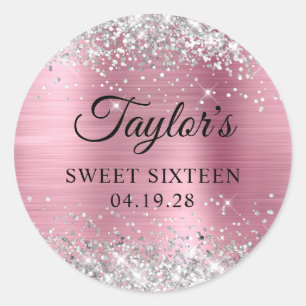 Silver Glitter Pink Foil Sweet Sixteen Classic Round Sticker