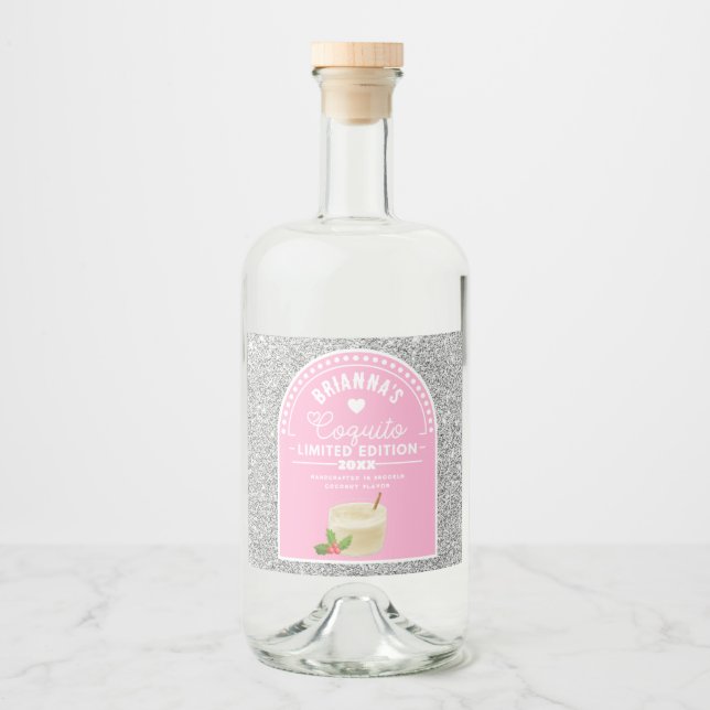 Silver Glitter Pink Girl Coquito Bottle Label Set (Front)