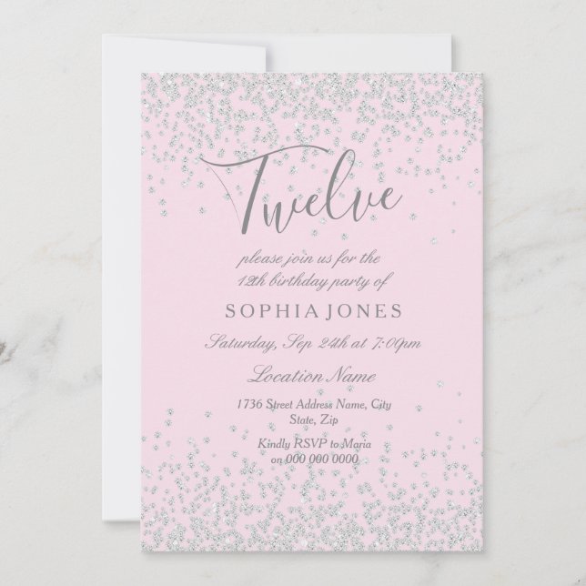 Silver Glitter Pink Girls 12th Birthday Party Invitation (Front)