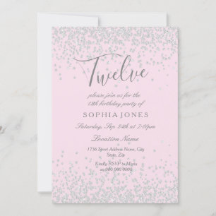 Silver Glitter Pink Girls 12th Birthday Party Invitation