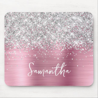 Silver Glitter Pink Glam Name Mouse Mat
