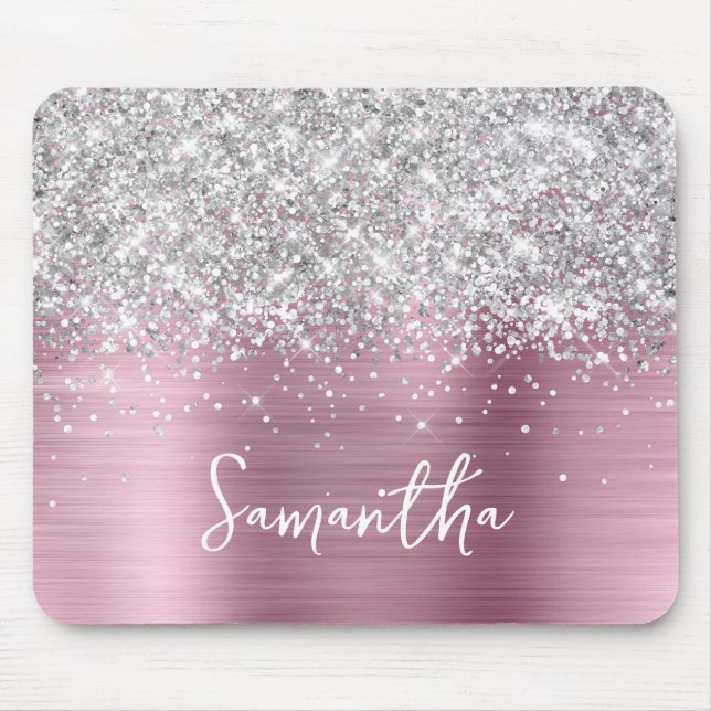 Silver Glitter Pink Glam Name Mouse Mat (Front)