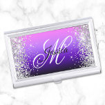 Silver Glitter Pink Indigo Gradient Fancy Monogram Business Card Holder<br><div class="desc">Create your own faux sparkly silver glitter and bright pink to dark indigo purple gradient business card holder. The front features a black and white fancy calligraphy script monogram. You can customize font color and style. A girly design for her. All of the sparkle and shine is created with printed...</div>