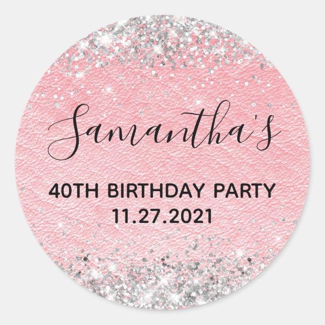 Silver Glitter Pink Leather 40th Birthday Party Classic Round Sticker (Front)