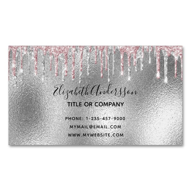Silver glitter pink metallic elegant modern 	Magnetic business card (Front)