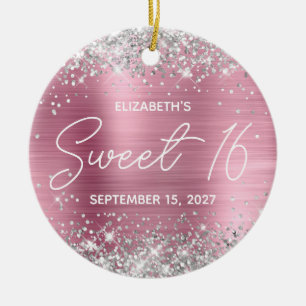 Silver Glitter Pink Modern Fancy Sweet 16 Photo Ceramic Tree Decoration