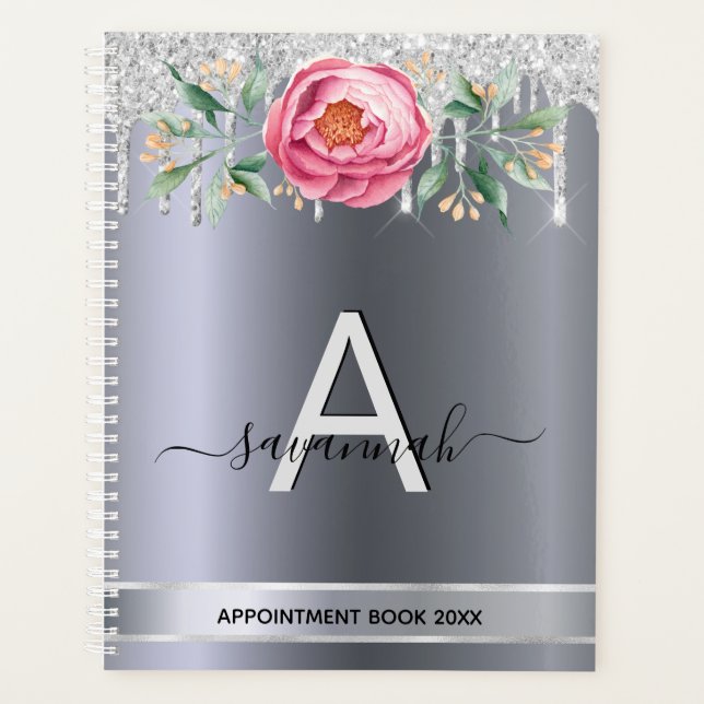 Silver glitter pink monogram appointments planner (Front)