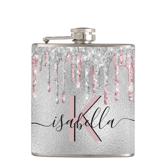 Silver glitter pink monogram sparkle script hip flask (Front)
