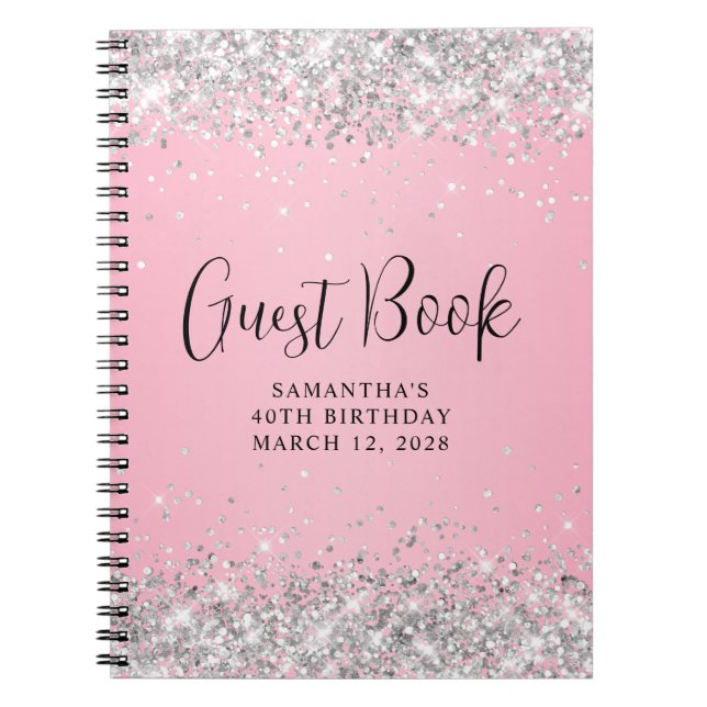 Silver Glitter Pink Ombre 40th Birthday Guest Notebook (Front)