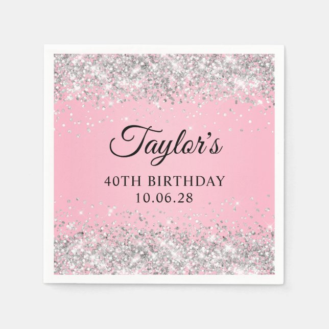 Silver Glitter Pink Ombre 40th Birthday Napkin (Front)