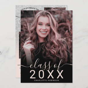 Silver glitter pink ombre 5 photos graduation invitation