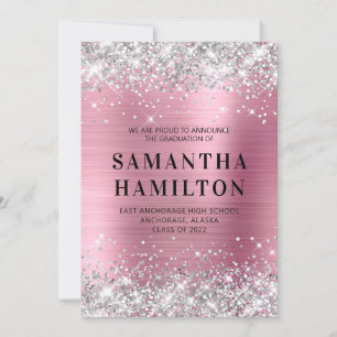 Silver Glitter Pink Ombre Foil Graduation Announcement