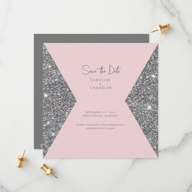 Silver Glitter & Pink Photo Wedding  Save The Date (Front/Back In Situ)