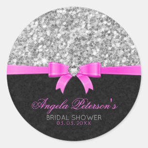 Silver Glitter Pink Ribbon Classic Round Sticker