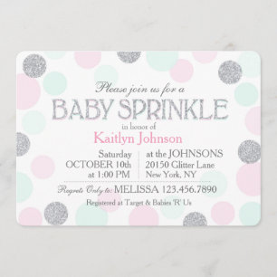 Silver Glitter Pink Seafoam Dots Baby Sprinkle Invitation