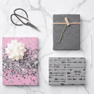 Silver Glitter Pink Silver Arrow Silver Archs Wrapping Paper Sheet