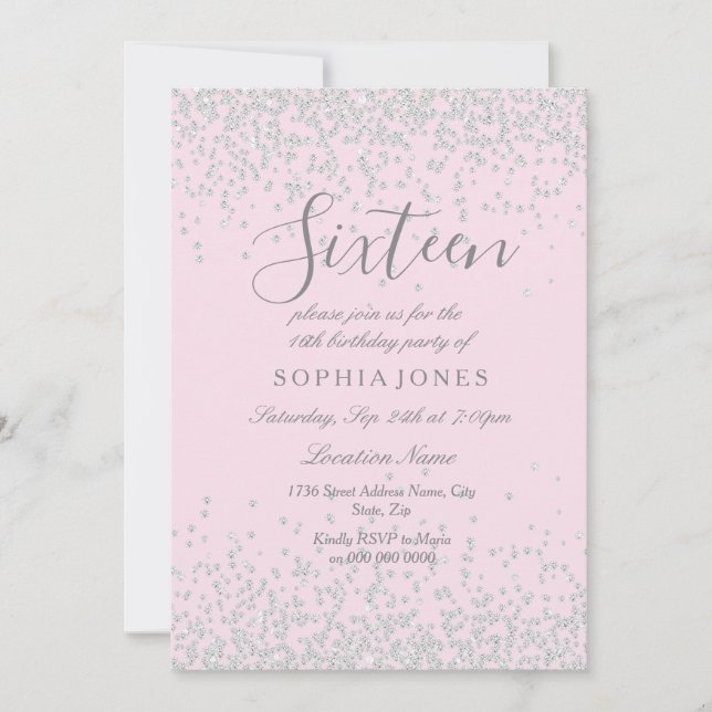 Silver Glitter Pink Sweet 16 16th Birthday Invite (Front)