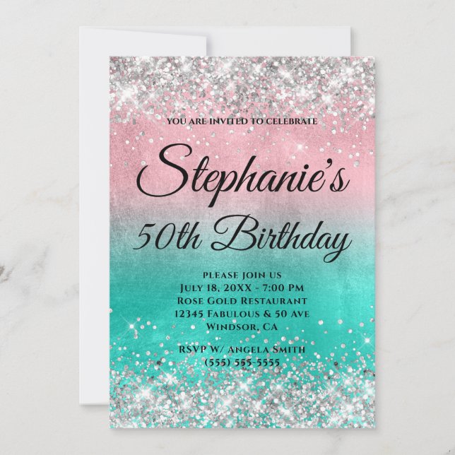 Silver Glitter Pink Turquoise Ombre Fancy Monogram Invitation (Front)