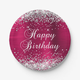 Silver Glitter Pink Wine Foil Happy Birthday Paper Plate