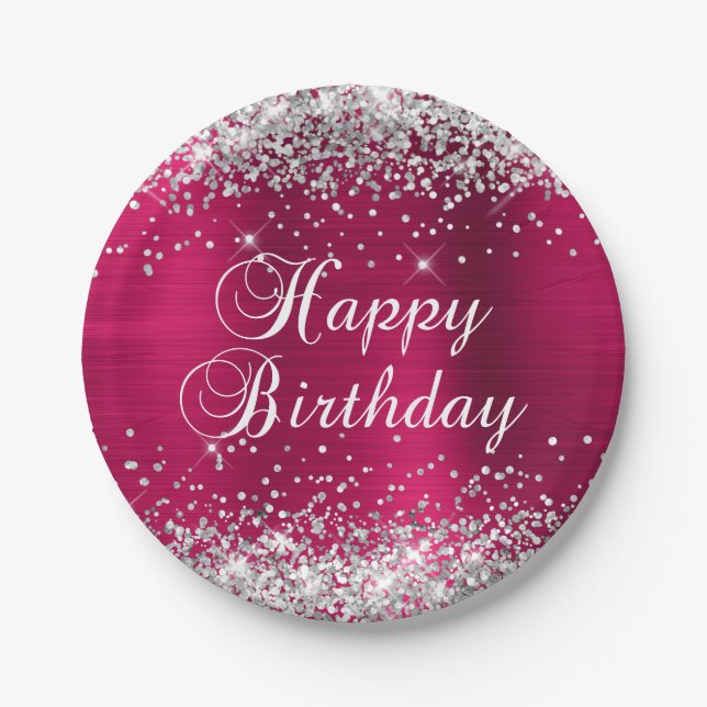 Silver Glitter Pink Wine Foil Happy Birthday Paper Plate (Front)