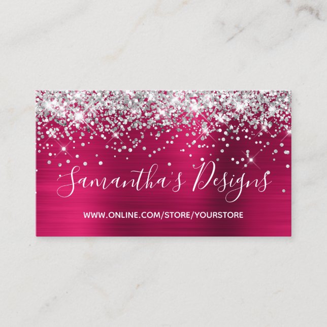 Silver Glitter Pink Wine Foil Online Store Business Card (Front)