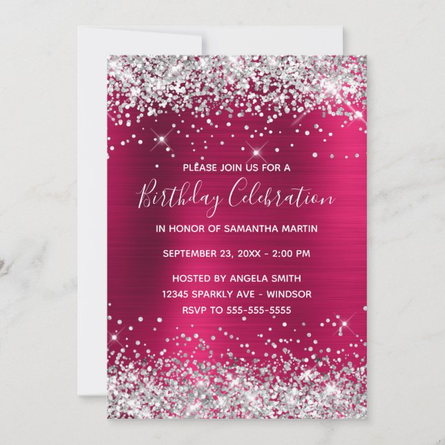 Silver Glitter Pink Wine Ombre Foil Birthday Invitation (Front)