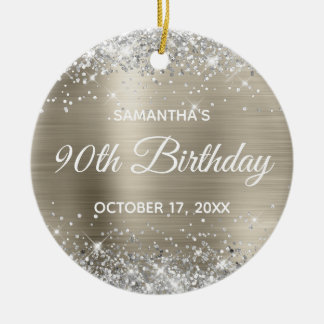 Silver Glitter Platinum Foil 90th Birthday Ceramic Tree Decoration
