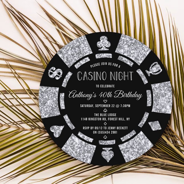 Silver Glitter Poker Chip Casino Night Party Invitation (Creator Uploaded)