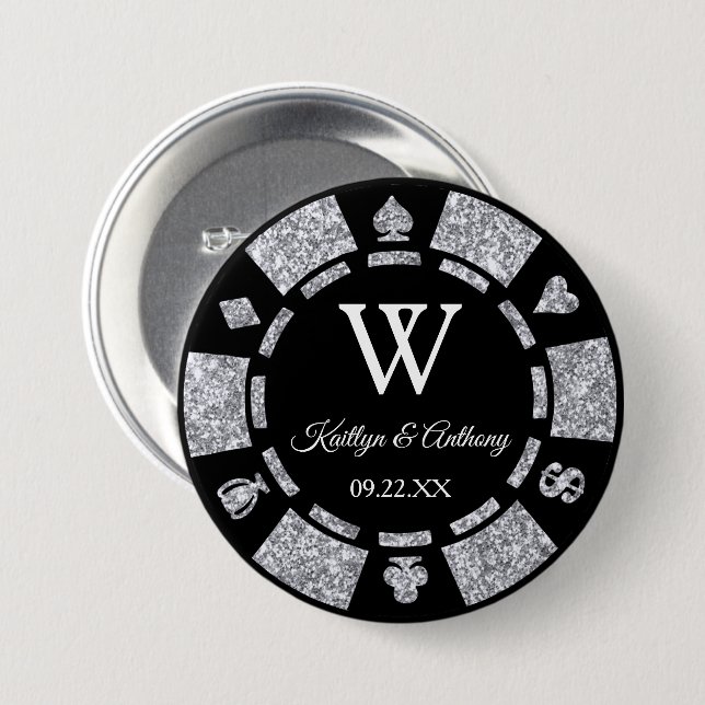 Silver Glitter Poker Chip Casino Wedding Favour 7.5 Cm Round Badge (Front & Back)