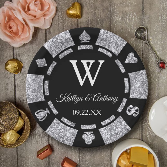 Silver Glitter Poker Chip Casino Wedding Party Paper Plate (Creator Uploaded)