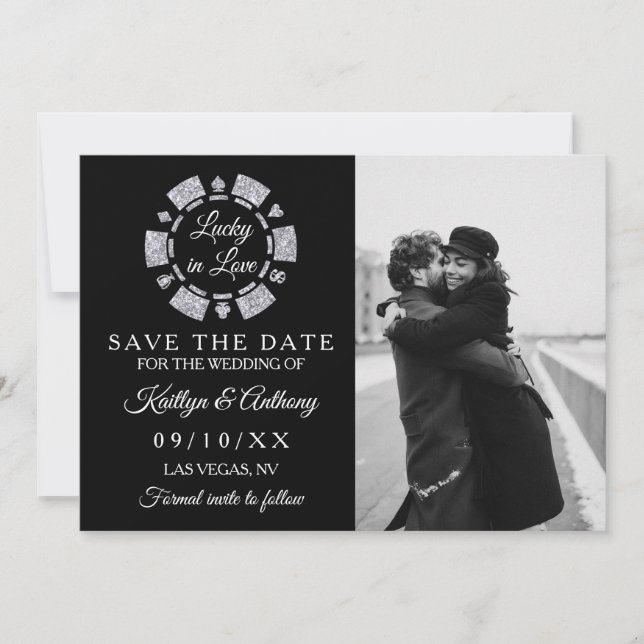 Silver Glitter Poker Chip Casino Wedding Photo Save The Date (Front)