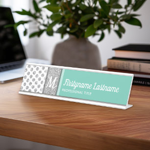 Silver Glitter Polka Dot Monogram Can CHANGE colou Desk Name Plate