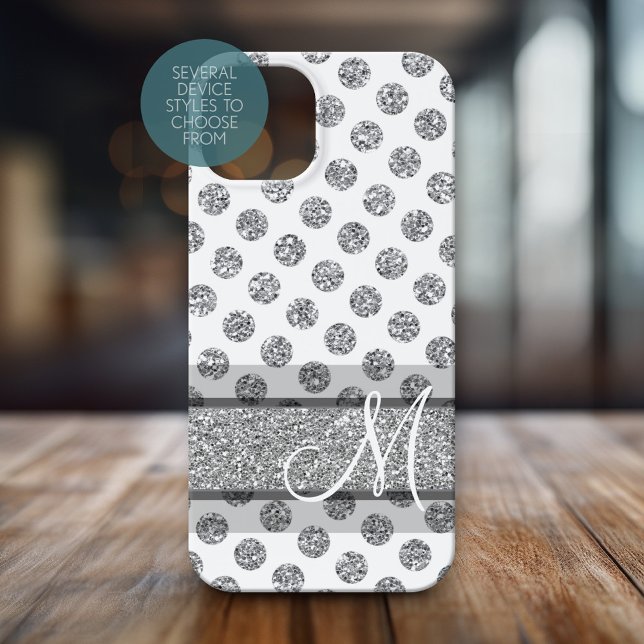 Silver Glitter Polka Dot Pattern with Monogram Case-Mate iPhone Case (Personalized Phone Case with Monogram)